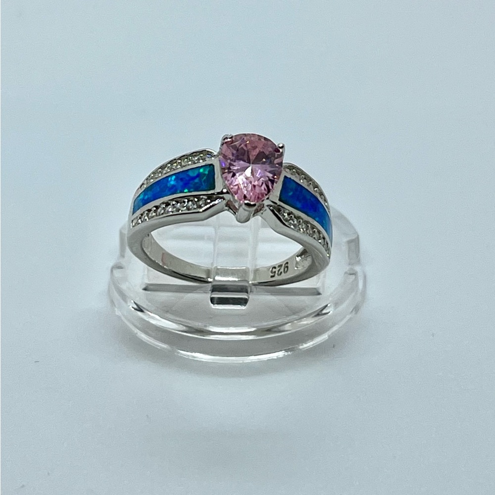 925 Silver illustrious Blue Lab Opal & Pink Pear Cut & Clear CZ Ring.R10